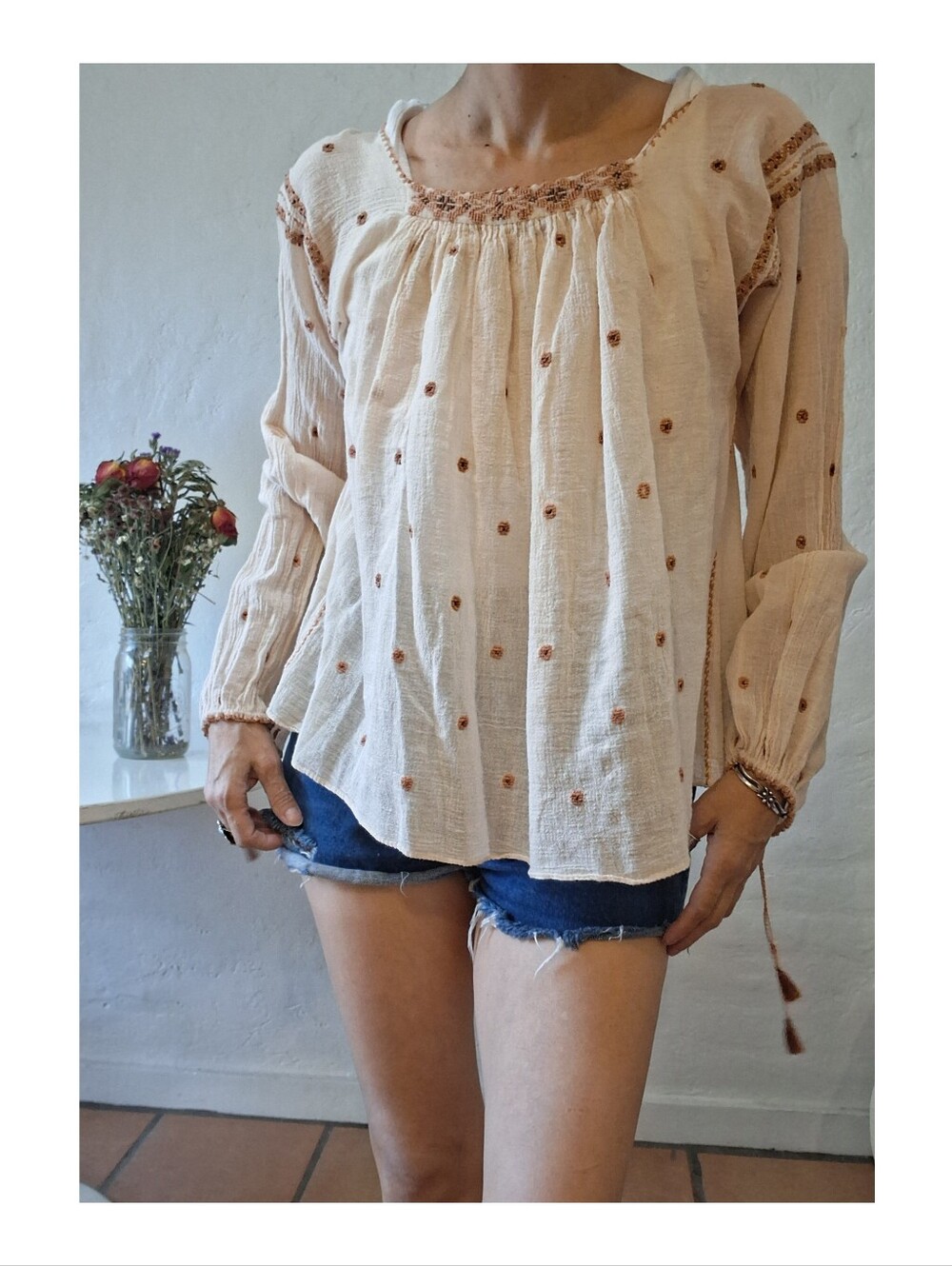 70s Style Cream Embroidered Cotton Gauze Peasant Blouse Boho